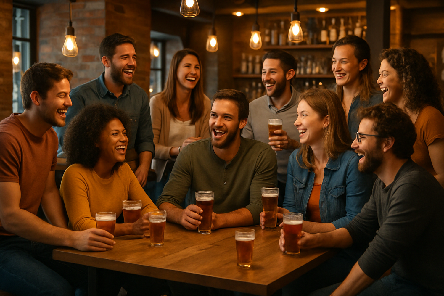 Bild von einer Gruppe die Bier trinkt an einem Stehtisch auf Barhockern. Ungefähr 10 Personen sollten auf das Bild und entweder ein Bierglas auf dem Tisch stehen oder ein Bierglas in der Hand. Alle Personen sollten fröhlich wirken.
