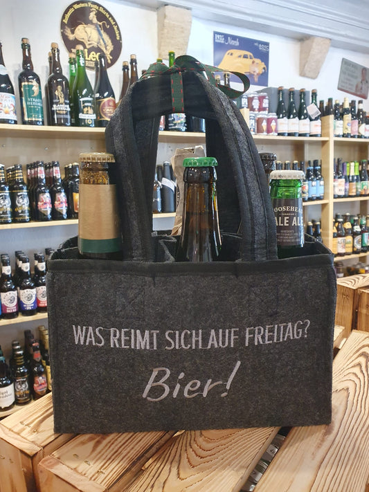 Filz-Tasche mit 6 internationalen Bier (Was reimt sich auf Freitag? Bier)